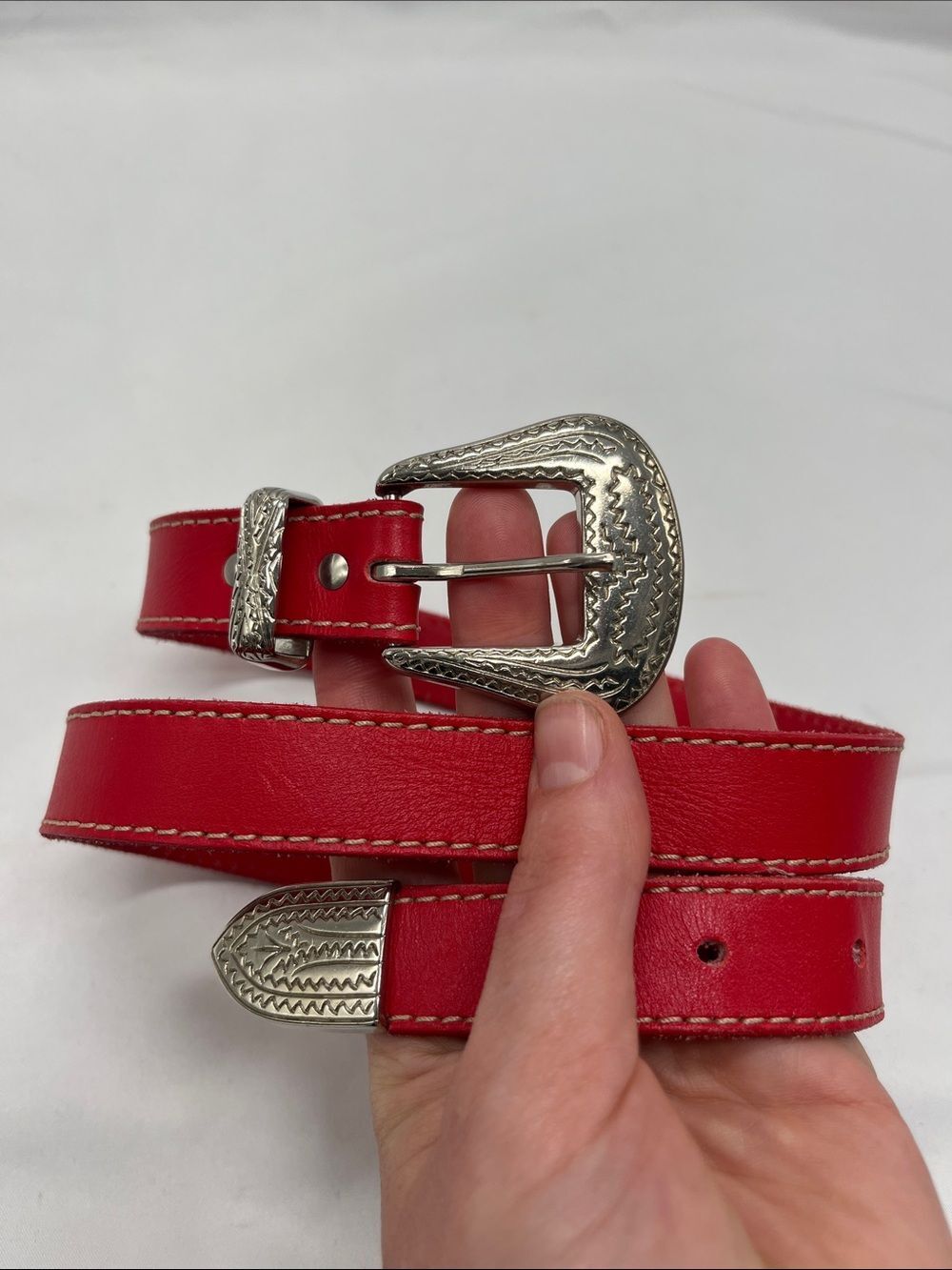 Red Genuine Leather Skinny Belt with Silver Toned Metal Buckle